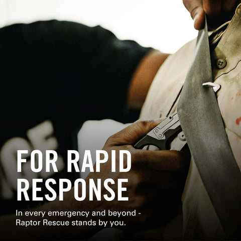 Raptor Rescue 6-in-1 Heavy-Duty Emergency Trauma Shears in use with included utility holster, designed for quick rescue, Made in USA.