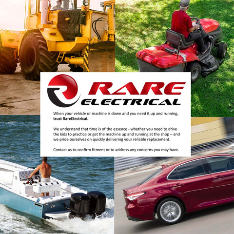 Collage of vehicles including tractor, lawn mower, boat, and car with Rare Electrical logo and service message in center.