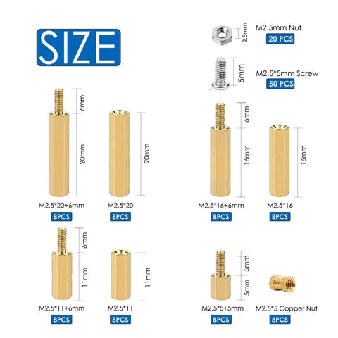 134 Pcs Raspberry Pi Standoffs M2.5 Spacers Screws Nuts Brass Kit with size details and quantities for Raspberry Pi 5 and PCB boards.