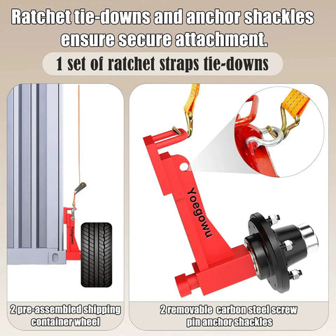 Red 2-Pack Heavy-Duty Shipping Container Wheel Kit with 8 Lug Bolt-On Spindle, ratchet tie-downs, and anchor shackles.