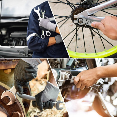 Mechanic using 10mm Ratchet Wrench With 12 Point Design Ratcheting Combination Metric Wrench on various vehicle parts.