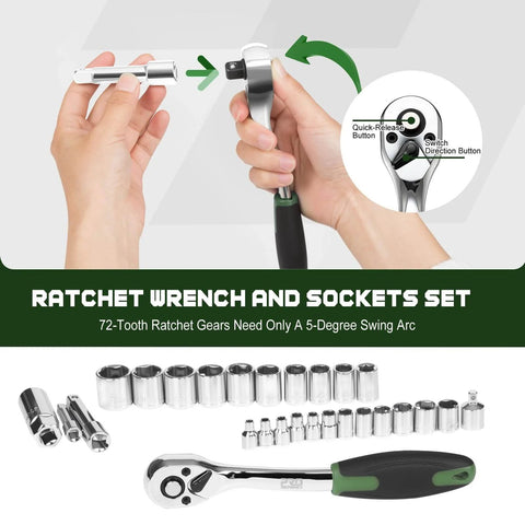 Hands using ratchet wrench from 269 Piece Tool Set For Home Auto And Mechanical Repairs Complete DIY Ready Tool Kit With Drawer Organizer Green For Men And Women Essential Hand Tools And Sockets Perfect For Quick Fixes And Weekend Projects.