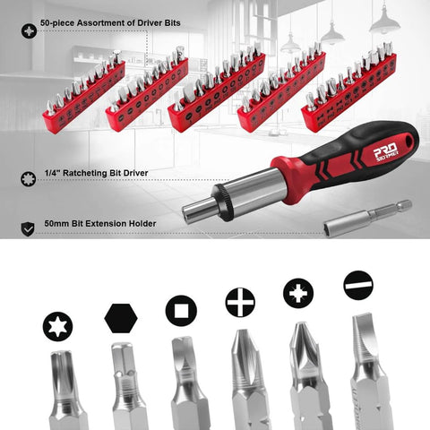 Beefy 259 Piece Tool Kit Do It All Set with driver bits, ratcheting bit driver, and extension holder displayed on white background.