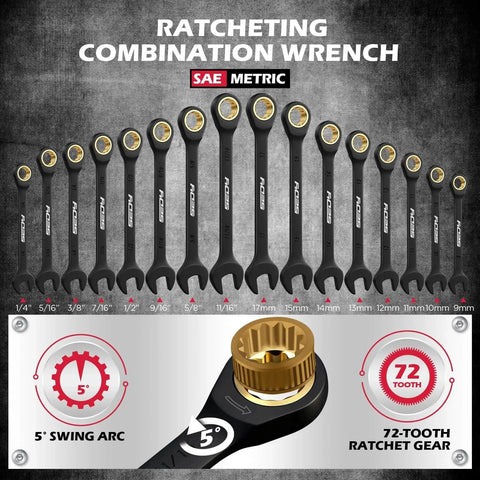 Ratcheting combination wrenches from 132-Piece Mechanics Tool Set, SAE/Metric 1/4" & 3/8" Drive Socket Set, shown with swing arc and toothed gear details.