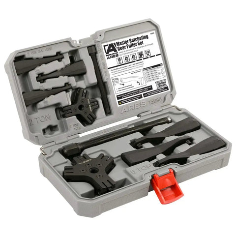 Master Ratcheting Gear Puller Set With 2 Ton And 5 Ton Units, Chrome Moly Steel Yoke Kit in open carrying case.