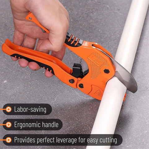 Person using a Ratcheting PVC Pipe Cutter for 1-1/4 in Pipes with Manganese Steel Body and Rubber Handle on white pipe