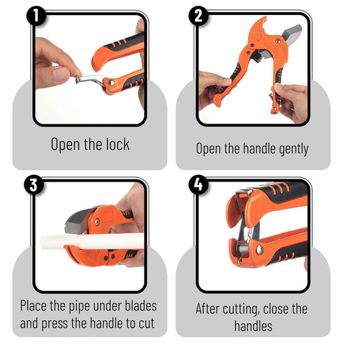 Step-by-step usage of Ratcheting PVC Pipe Cutter for 1-1/4 in Pipes with Manganese Steel Body and Rubber Handle