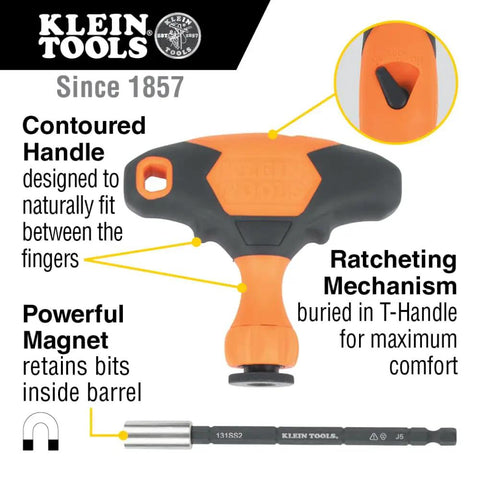 ProFlex Impact-Rated Interchangeable Ratcheting T-Handle Set with Torsion Zone Magnetic Bit Holder shown with features highlighted