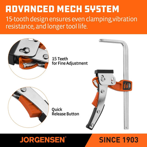 Six And Five Eighths Inch Ratcheting Table Clamp With Quick Release For Track Saw And MFT Guide Rails, showing 15-tooth design and quick release button.