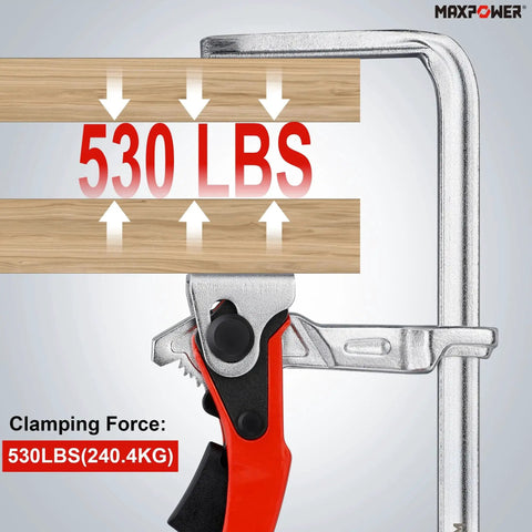 Close-up of Ratcheting Table Clamp With Quick Release For MFT And Guide Rail Systems, showing 530 lbs clamping force