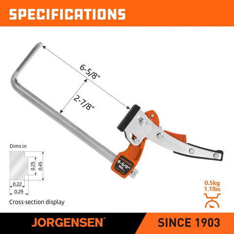 Image of Six And Five Eighths Inch Ratcheting Table Clamp with Quick Release for Track Saw and MFT Guide Rails, showing clamp dimensions and specifications.
