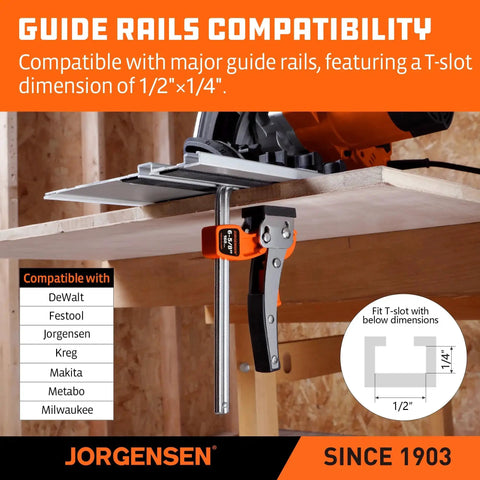 Side view of Six And Five Eighths Inch Ratcheting Table Clamp With Quick Release For Track Saw And MFT Guide Rails, attached to wood.