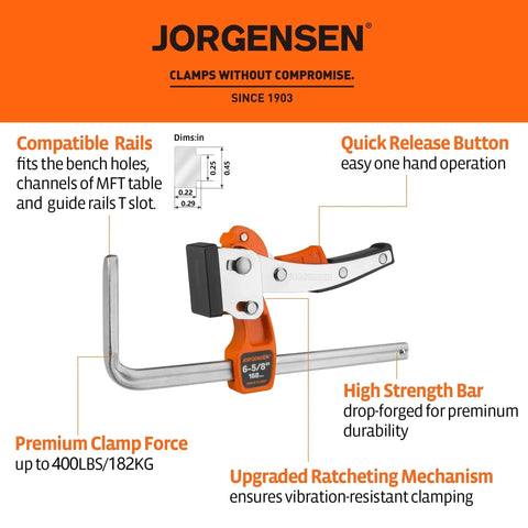 Six And Five Eighths Inch Ratcheting Table Clamp With Quick Release For Track Saw And MFT Guide Rails shown with features labeled.