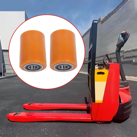 2 Pack Load Wheel Kit Compatible with Raymond Model 8210 Electric Pallet Jack shown beside pallet truck