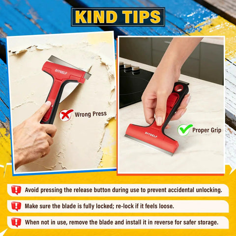 Razor Blade Scraper Kit, showing red scraper tool for glass windows with tips for proper grip and safety usage illustrated.