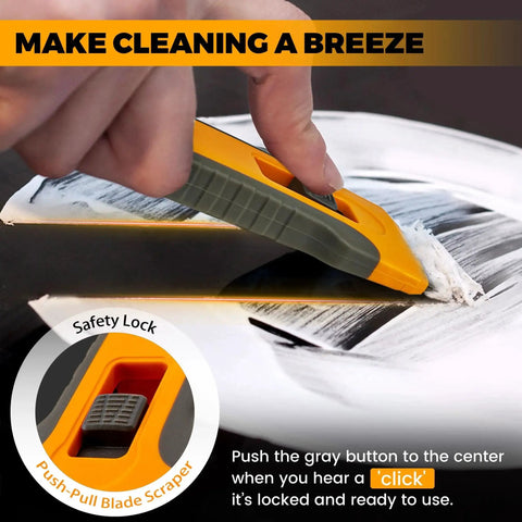 Razor Blade Scraper Tool With 15 Extra Blades For Glass Cleaning And Paint Removal On Glass Surfaces Ideal For Stovetops And Oven Doors Non Scratching Durable Handle Delivers A Rock Solid Grip And Easy Use For Removing Sticky Labels Without Damaging Glass in use on a surface.