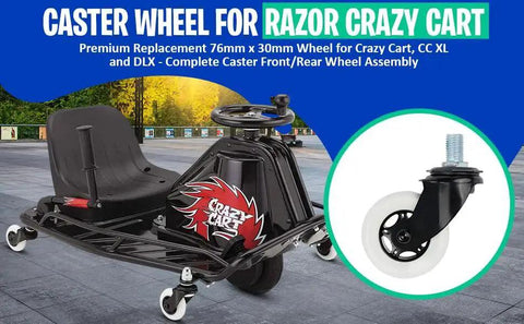 Premium Replacement Caster Wheel 76mm By 30mm For Razor Crazy Cart CC XL And DLX Complete Front And Rear Wheel Assembly Heavy Duty
