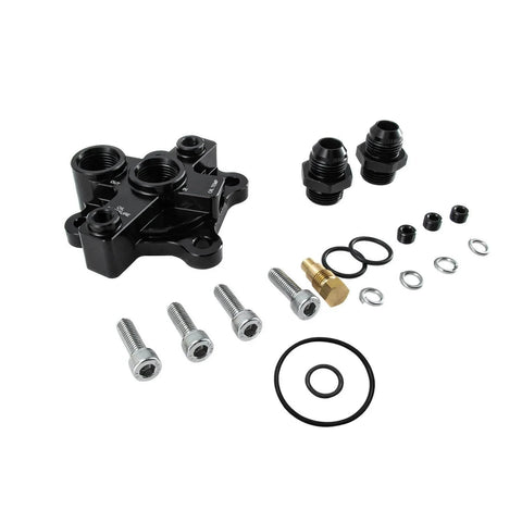 Oil Filter Block Adapter Kit AN10 For RB20 RB25 RB26 RB30 engines with connectors, seals, and bolts visible against white background.