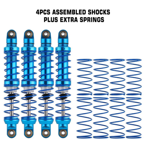 Oil adjustable RC shock absorber set with dual-stage springs delivers smooth damping for 1/10 crawlers, reduces chassis vibration.
