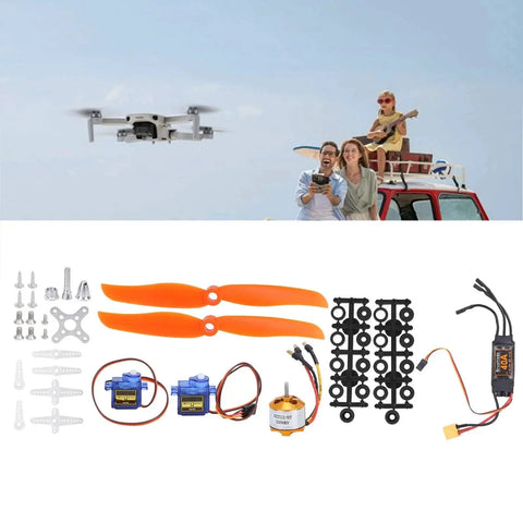 Brushless RC Airplane Motor Kit With 2212 KV2200 Motor 40A ESC XT60T Connector SG90 Servo And 6035 Propeller components laid out