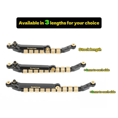 Copper Sleeve Bearing Steering Link Kit For SCX24 And AX24 shown in three lengths with 4mm axles for increased weight and steering angle.