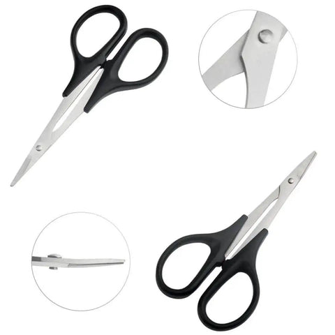 3 Pack RC Body Reamer Hole Puncher Kit With Curved And Straight Scissors For RC Car Body Mounting And Wide Body Kits 0-14mm Hole Punching And Trimming With Heavy-Duty Titanium Plated Steel Reamers And Non Slip Grip Handles Round Shell Blue XINMEIWEN showing detailed view of scissors angles with black handles