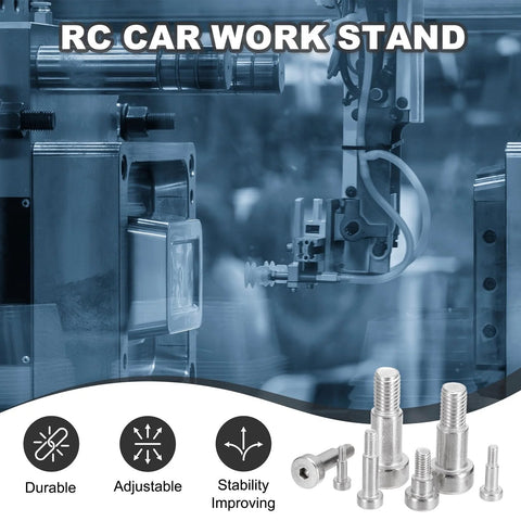 Industrial Grade Stainless Steel Shoulder Bolt Set 16 Pack 4mm Shoulder Diameter 40mm Shoulder Length M3 Thread Hex Socket Bolts featured in machinery setup with RC car work stand