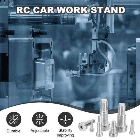 RC car work stand with hex socket bolts, industrial machinery, and icons for durability, adjustability, and stability improvements