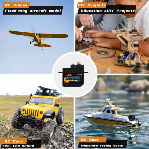 Collage of RC plane, car, boat, and DIY project featuring Miuzei 12g Servo Motor Metal Gear Digital RC Steering for AXIAL SCX24.