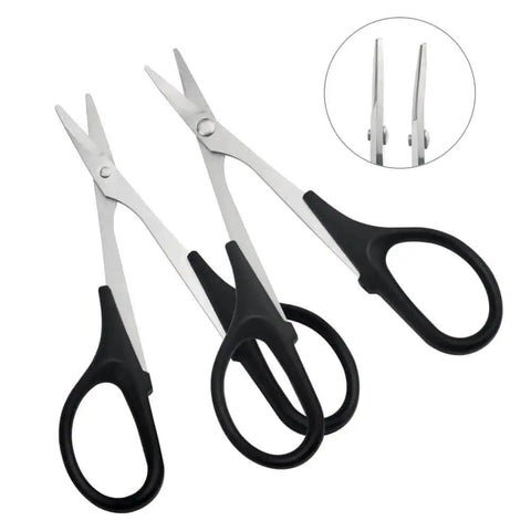 Pair of curved and straight scissors from 3 Pack RC Body Reamer Hole Puncher Kit With Curved And Straight Scissors For RC Car Body Mounting And Wide Body Kits 0-14mm Hole Punching And Trimming With Heavy-Duty Titanium Plated Steel Reamers And Non Slip Grip Handles Round Shell Blue XINMEIWEN