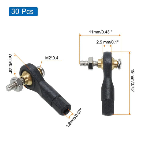 RC Model Ball Joint End Heads And Steering Linkage Connectors Set Including M2 Screws And Nuts 30 Pieces, shown with dimensions