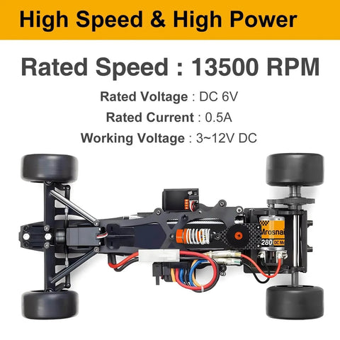 Bottom view of RC car chassis with 6Pcs 280 Micro DC Motors 3V-12V 13500RPM 0.5A installed, showing wiring and components
