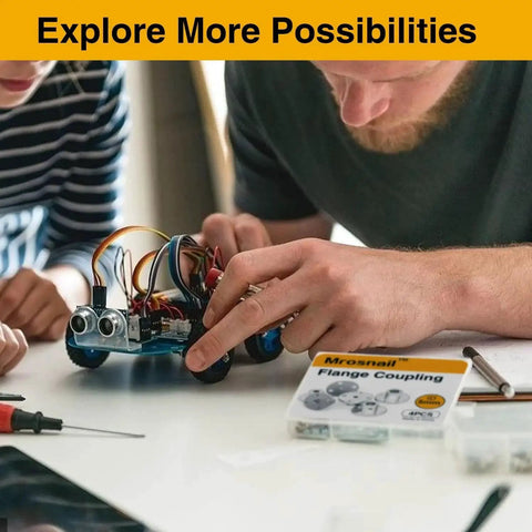 Person assembling RC model with heat-treated 8mm flange couplings for precise shaft joins, featuring electroplated steel connectors.