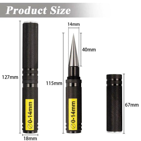 0 To 14mm RC Body Reamer Tool With Precision Scale Eyech 2 Pack Pro Grade Built Tough High Strength Aluminum Expanding Hole Puncher For RC Car Shells Plastic Sheets Aircraft Models And DIY Projects Black, showing dimensions and parts