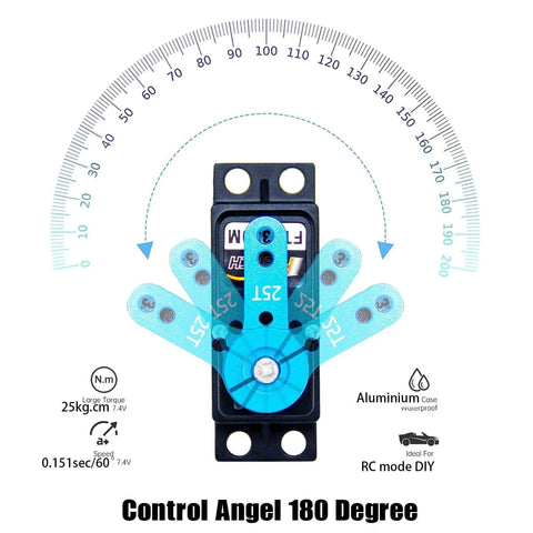 RC Servo 25KG Servo Motor 7.4V High Voltage High Torque Waterproof Full Metal Gear Digital Servo, Aluminum Case, Control Angle 180°