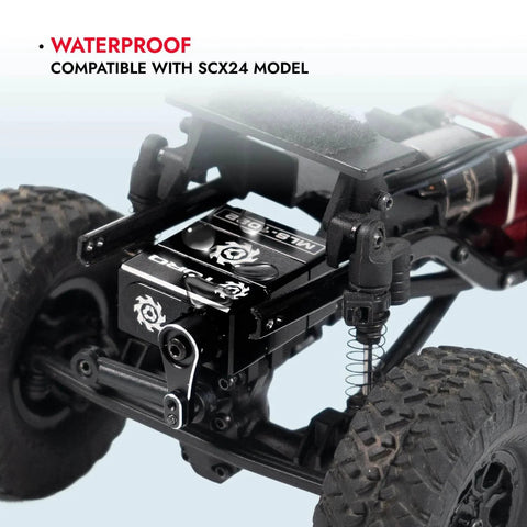 High Torque Micro Servo 5.0V - 8.4V with CNC Servo Mounts & Arms installed on RC Crawler Axial SCX24, shown in black.