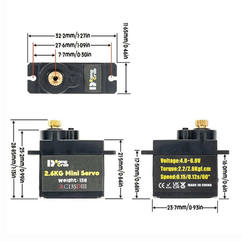 RC Steering Servo with Mount Bracket and Servo Horn for FMS FCX24 showing dimensions and specifications