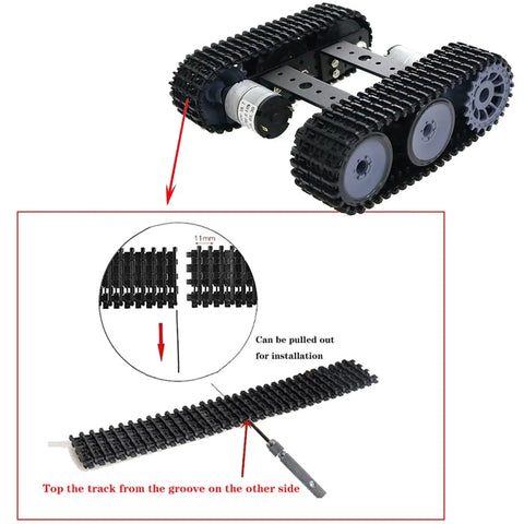 Remote Control RC Robot Tank Car Chassis With DC Motor Kit display showing track assembly and adjustment steps