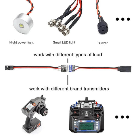 Remote Control AUX On Off Electronic Switch Relay For Cars Trucks Boats LED Lights And Drones 4A Toggle Relay shown with components