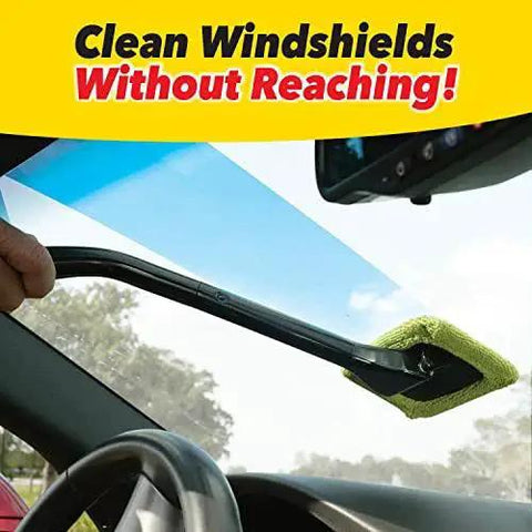 Reach Free Windshield Cleaning Tool With 16 Inch Detachable Handle Microfiber Window Cleaning Device in use inside a car.