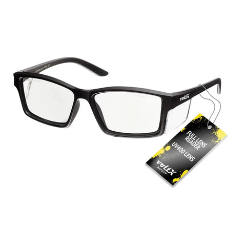 Full Lens Reading Safety Glasses 1.5 Diopter ANSI Z87.1 CE EN166F Anti Fog UV400, black frame with product tag attached
