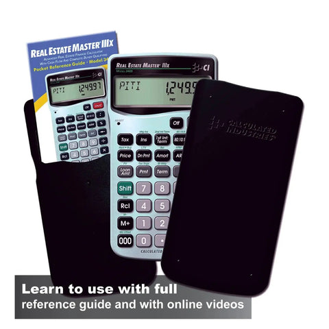 Real Estate Master IIIx Mortgage Calculator with clearly labeled function keys, reference guide, and storage cover