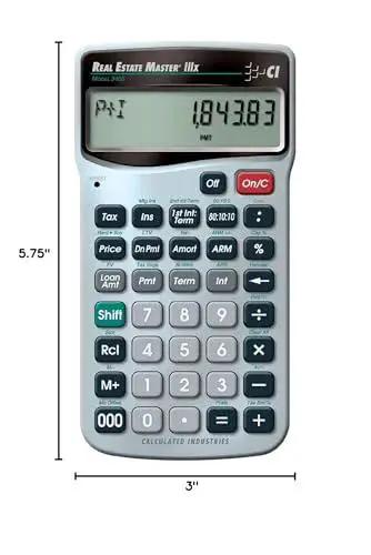 Real Estate Master IIIx Mortgage Calculator For Real Estate Professionals With Clearly Labeled Function Keys Simplified Mortgage Payments Amortization ARMs And Combo Calculations To Streamline Office Open House Financing Analysis And Investment Decisions, showing numeric keypad and display, size indicated as 5.75 by 3 inches