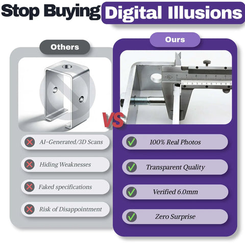 Comparison chart showing AI-generated 3D scan vs real photo of strut channel trolley bracket with ruler measurement.