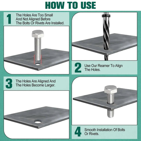 Instructional guide showing how to use Five Eighths Inch Bridge Construction Reamer Drill Bit Set With Taper Chuck Reamers on metal.