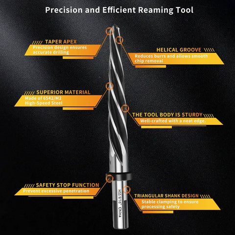 Image of the 9/16 Inch Reamer Drill Bit Workhorse For Metal Steel Wood And Plastic With 1/2 Inch Non Slip Shank M2 HSS Tapered 5 Flute Bridge Construction Reamer showing features and uses.