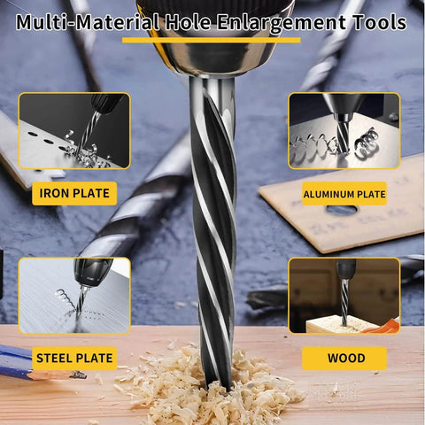 9/16 Inch Reamer Drill Bit Workhorse For Metal Steel Wood And Plastic with non-slip shank, shown drilling multiple materials