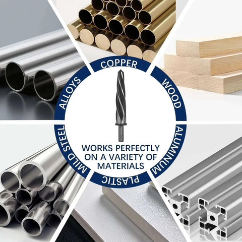 5 Piece M2 HSS Taper Chucking Reamer Set With Sizes One Inch Three Quarter Inch Five Eighth Inch Half Inch Three Eighth Inch And Shank Type Half Inch Three Flat Round For Bridge Construction Reaming Drill Bits For Steel Metal Wood Alloy Durable Heavy Duty shown with applicable materials like steel, copper, wood, and plastics.