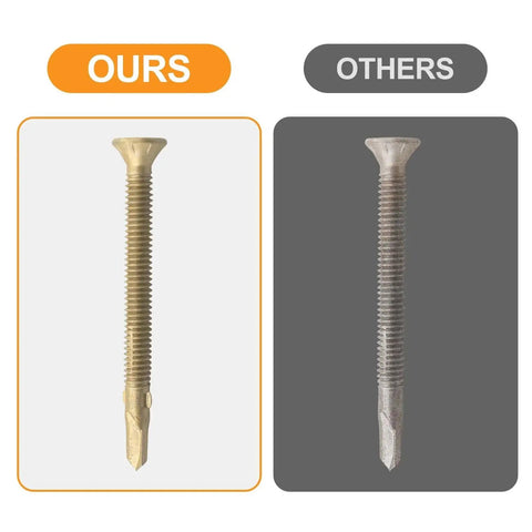 Comparison of Twelve By Two And A Half Inch Reamer Tek Screws For Wood To Metal With Torx T25 Drive Self Drilling For Trailers Flatbeds Trucks Docks And More Fifty Pieces showing two different screw options side by side
