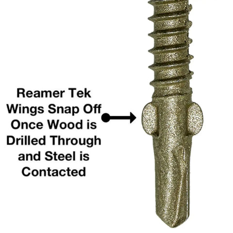 Close-up of Heavy Duty Wood To Metal Reamer Tek Screws With Self Drilling Tip Torx T30 Star Head showing snapped wings feature.